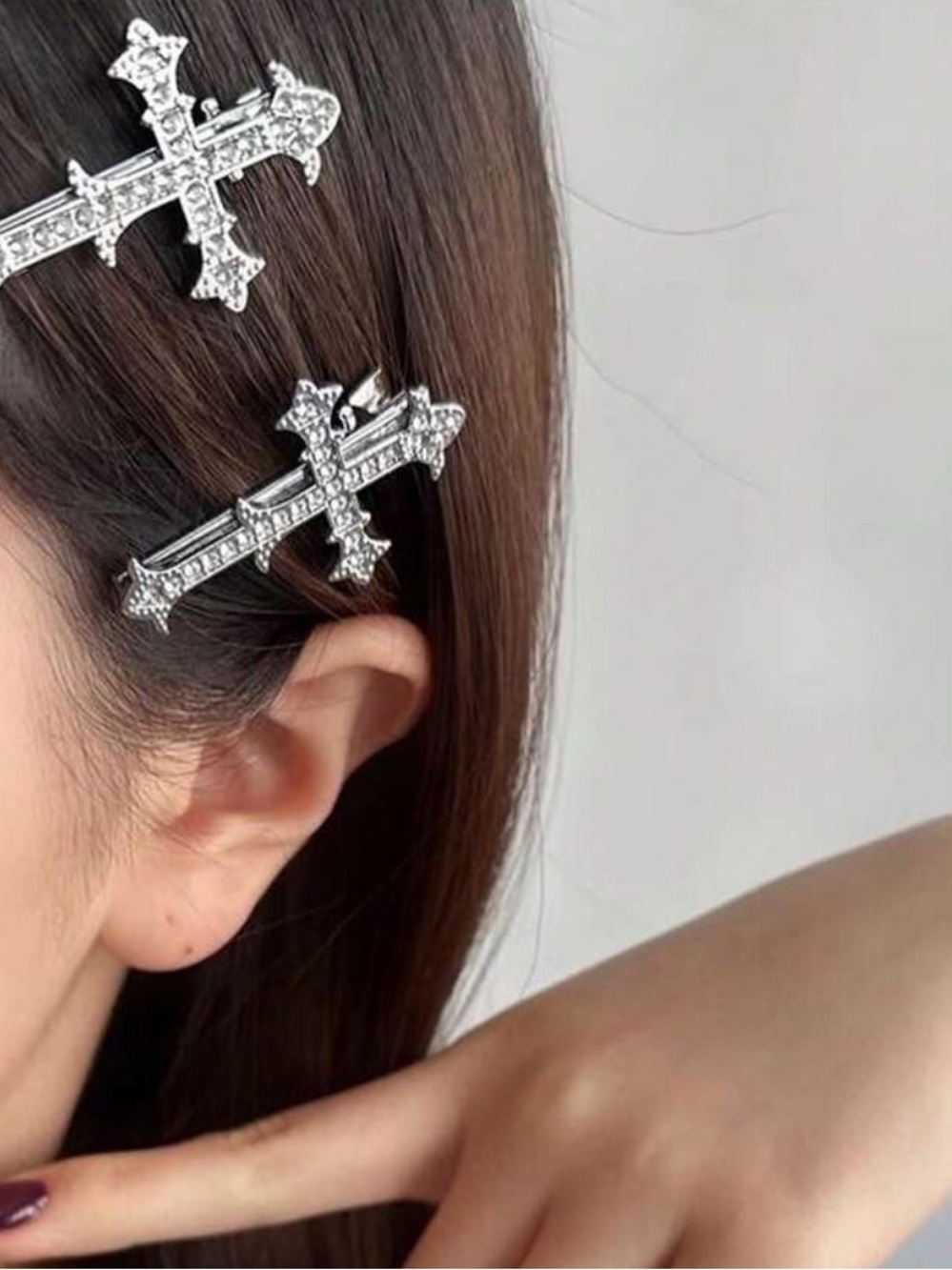 Rhinestone Cross Hair Clips - Silver